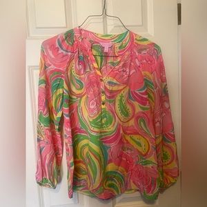 Women’s Lilly Pulitzer Multi All Nighter Elsa Blouse XS Top Silk Flamingo Print